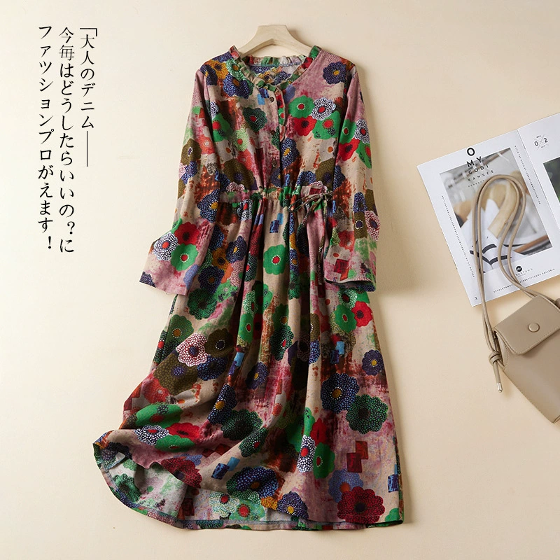 2024 весна и осень новая мода свободный большой размер толстый мм талия тонкая с длинными рукавами цветочные платья женский