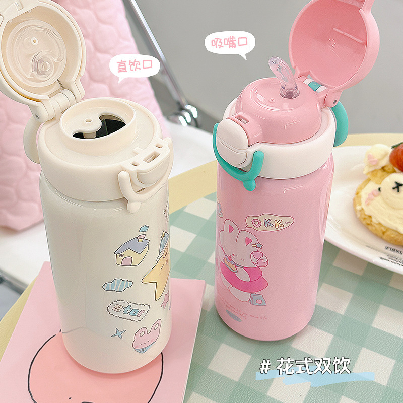 ストロー付き女性用の新しい魔法瓶カップ、1カップ、2目的、大容量、高価値、落下防止ウォーターカップ、304ステンレススチールカップ|undefined