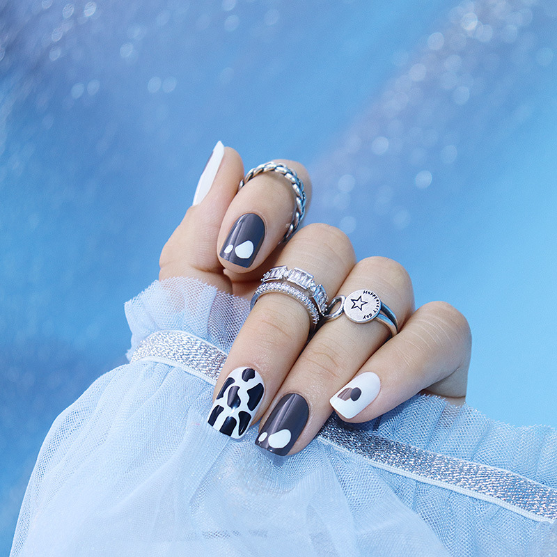 Cow pattern dark blue spots autumn and winter white girl manicure student wear nail factory nail piece fake nail batch