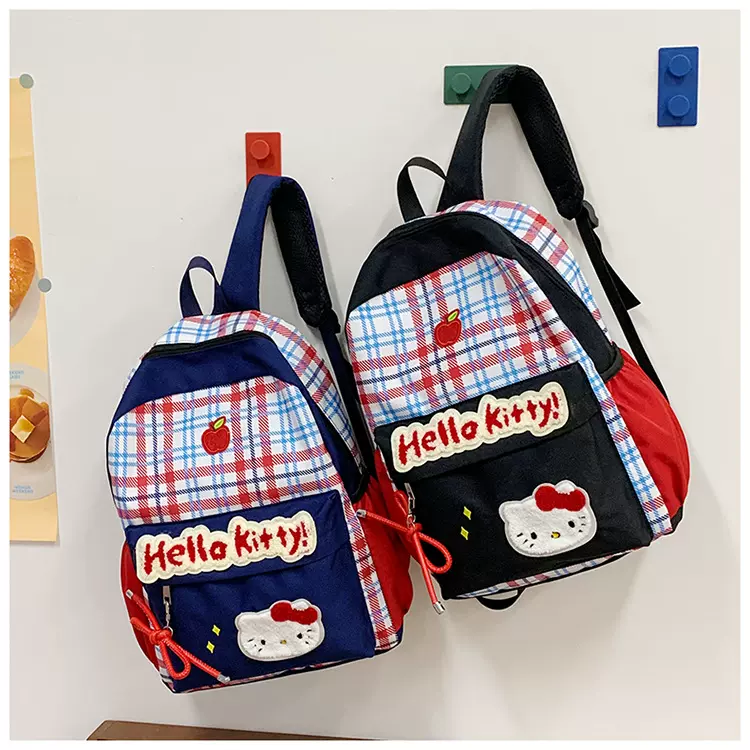 双肩包新款复古格子女大学生小众可爱卡通小猫大容量轻便减负书包