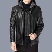中年男士加绒可脱卸连帽加厚皮衣爸爸装秋冬装休闲皮棉衣父亲外套