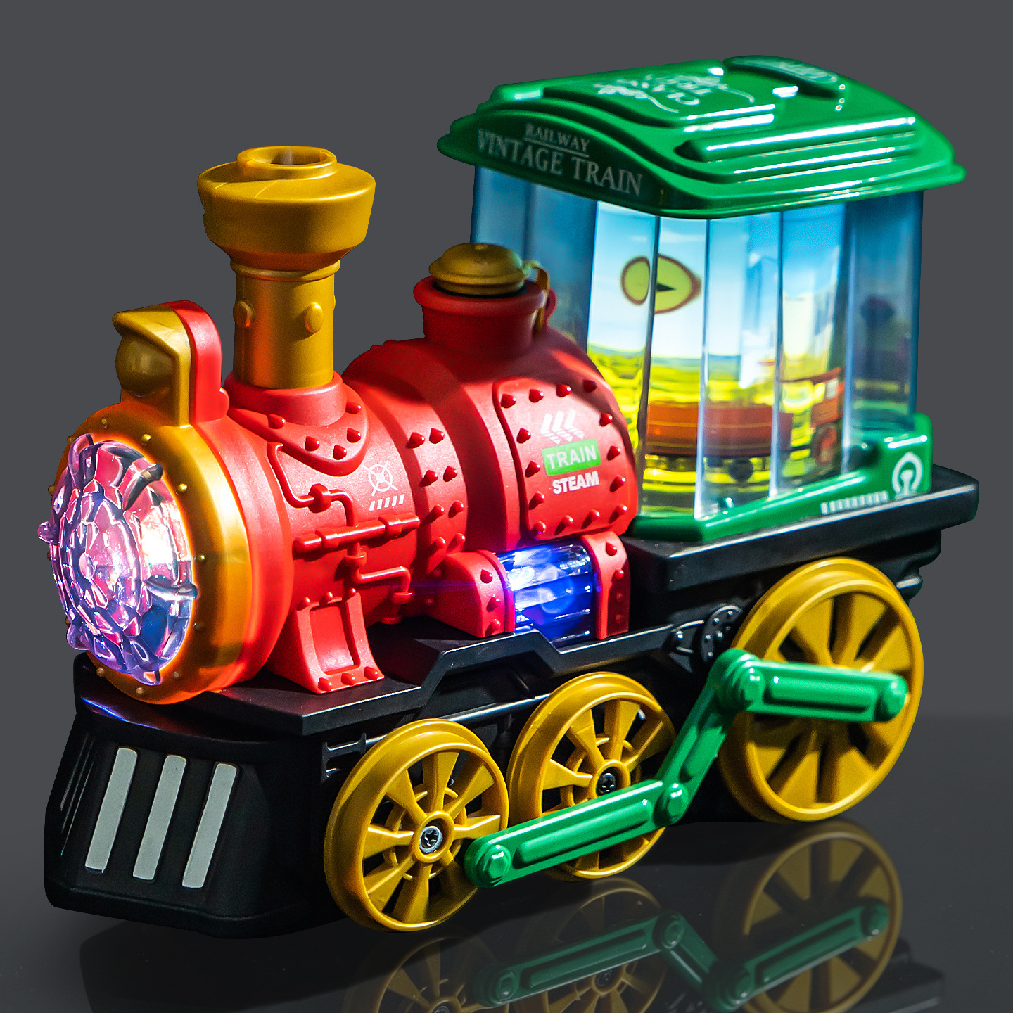Electric light and sound spray miniature train rotating light-up toy children's simulation retro train night market stall small commodities