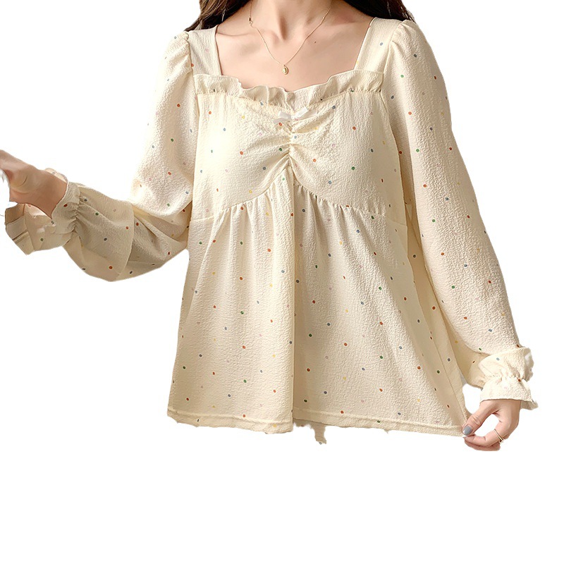 Más tamaño de manga larga pijamas de las mujeres tejidas con volantes con cuello en V Jersey de algodón de otoño e invierno dulce ropa de casa casual con el pecho pad traje