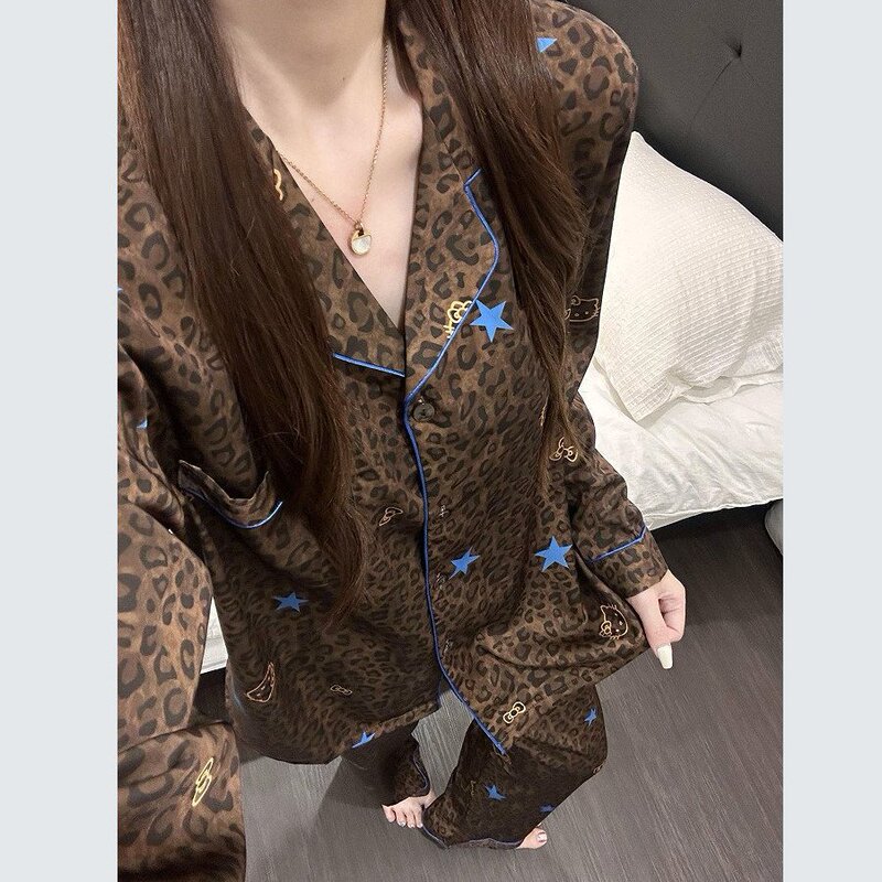 Women's Pajamas for Spring and Summer, Trendy Ice Silk New Leopard Print Kitty Cat High-End Color-Blocking Cardigan Loungewear