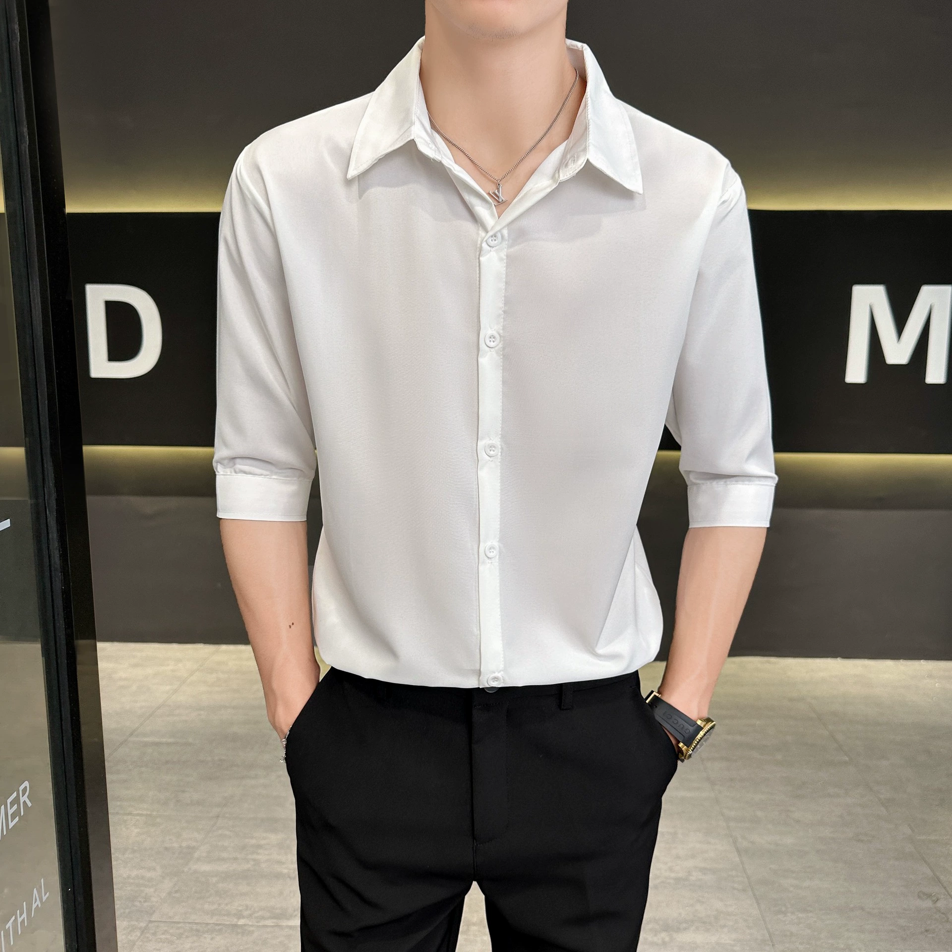 Летняя свободная легкая зрелая деловая ветерка тонкая рубашка с короткими рукавами мужская корейская мода тонкая повседневная рубашка с средним рукавом