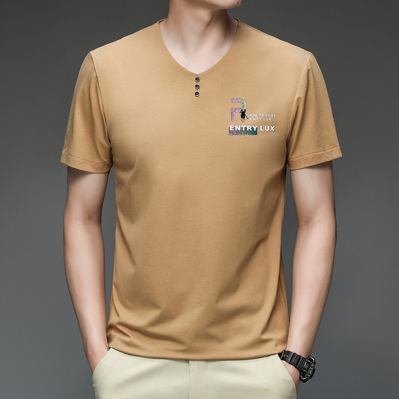 2023 Sommer V-Ausschnitt Kurzarm Baumwolle Mode Lässig Trendy Lose T-Shirt Herren Top Papa Dress Up_voghion.com