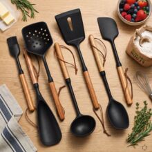 跨境木柄硅胶厨具七件套厨房家用户外烧烤烘焙火锅烹饪不粘锅套装