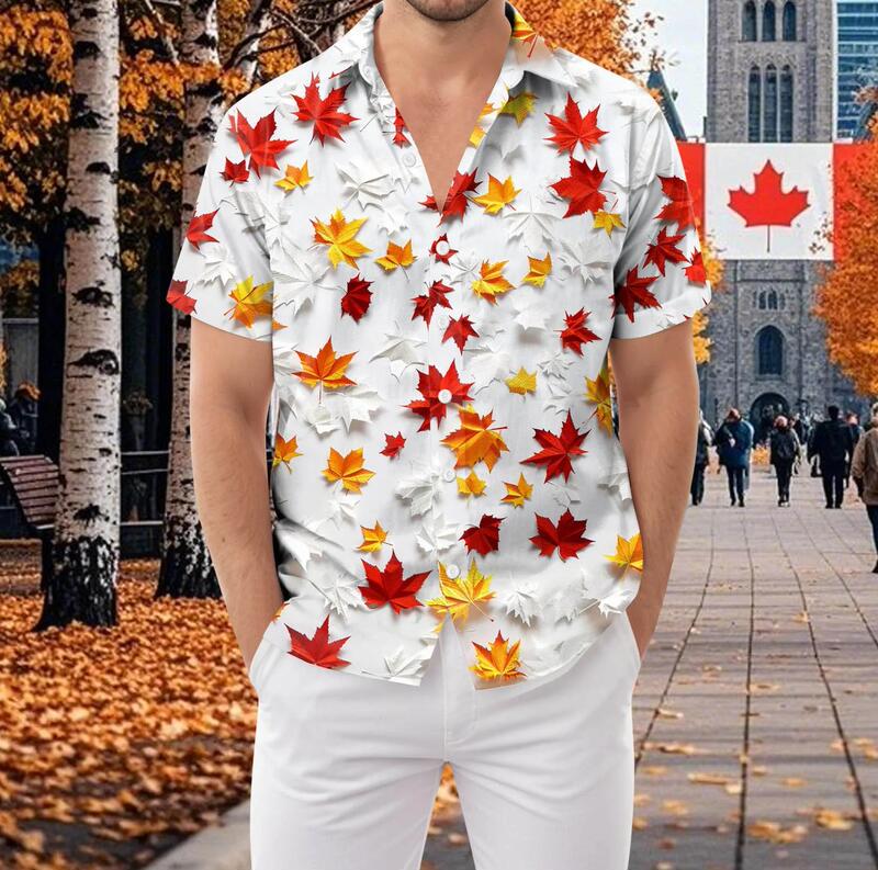 2025 Aliexpress Cross-Border Summer Digital Printing Canadian Flag Lapel Shirt Men's Street European and American Shirt