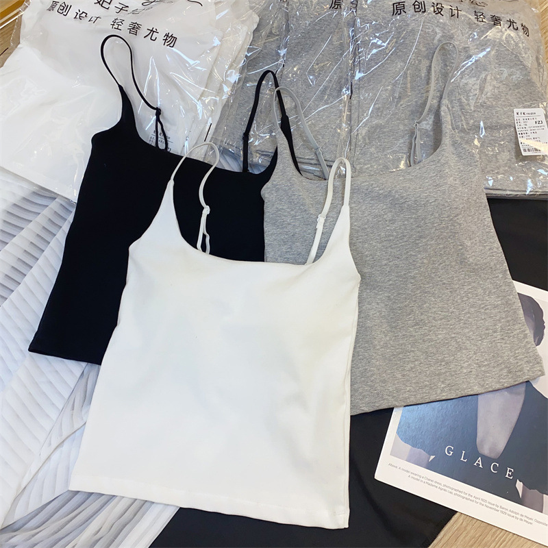 High-grade Solid Color All-match Camisole Vest Women's Spring and Summer New Style Chest Pad Fixed Integrated Coaster Spice Girls Pure Cotton Beautiful Back