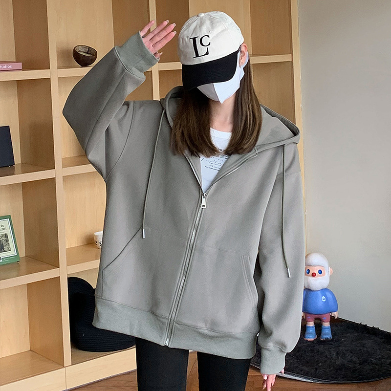 连帽卫衣女2025新款春秋灰色宽松外套慵懒风夏季薄款休闲开衫上衣|undefined