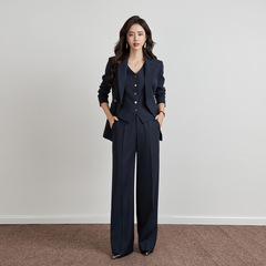 2025秋冬上新修身时尚高级感藏青色西装三件套气质女神范西服套装