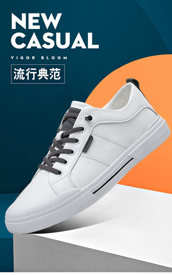 Giày da nam kiểu sneaker cổ thấp dây buộc co giãn, đế cao 1-3 cm — Màu trắng, Màu đen chi tiết 1