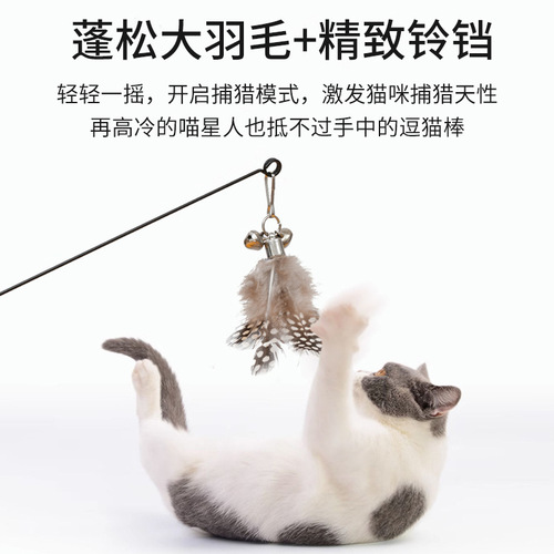 CFA Competition-Level Wooden Handle Spring Cat Wand with Pearl Feather Bell, Interactive Self-Having Toy for Cats, Detachable and Replaceable