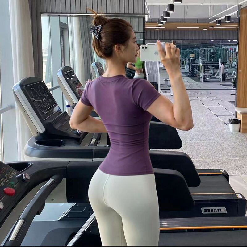 Good Fit Short-Sleeve T-Shirt, Regular Shoulder, Tight-Fitting, High Round Neck T-Shirt for Women, Sports Fitness Yoga Quick-Dry T-Shirt Top for Running