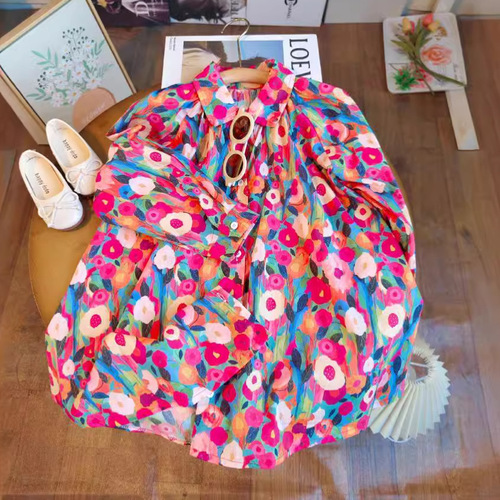 Children's Spring and Autumn New Style Dress Shirt Dress with Full-Page Oil Painting Style Print Dress