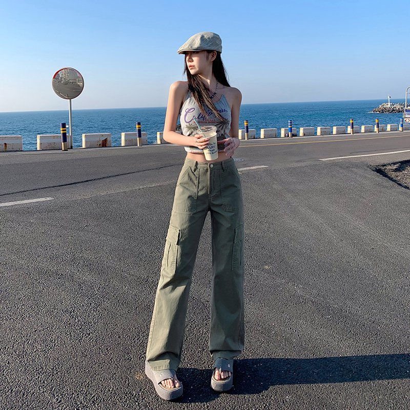 米杏色工装裤女夏季2025年新款小个子宽松显瘦窄版直筒垂感休闲裤|undefined