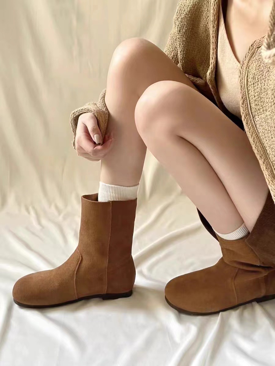 Chaussures ShoeVault en cuir suédé véritable pour femme, modèle Martin, collection automne-hiver 2024, style rétro, bout rond, souple, confortable et polyvalent._voghion.com