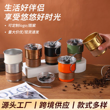 简约单层台阶杯304不锈钢咖啡杯户外露营手柄杯子木质隔热随手杯