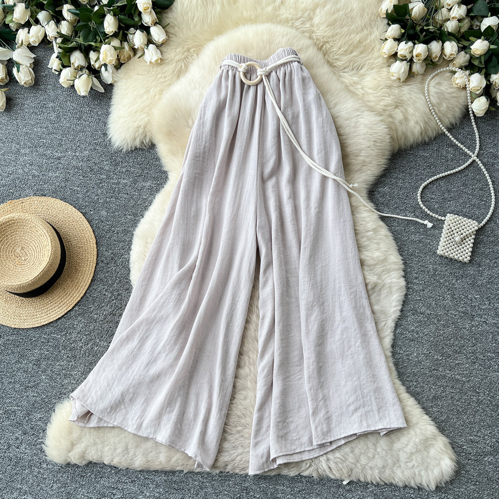 Women's High-Waisted Wide-Leg Trousers Tie Waist Retro Commuter Style Flowy Drapery Relaxed Fit Casual Pants_ecoleips.com
