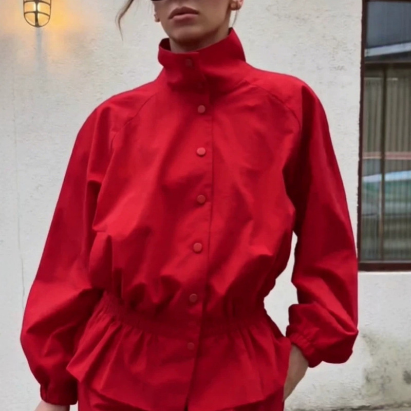 In-Stock French Retro Relaxed Casual Trendy Personality Solid Color Ruffle Sports Stand-Collar Jacket Windbreaker Coat