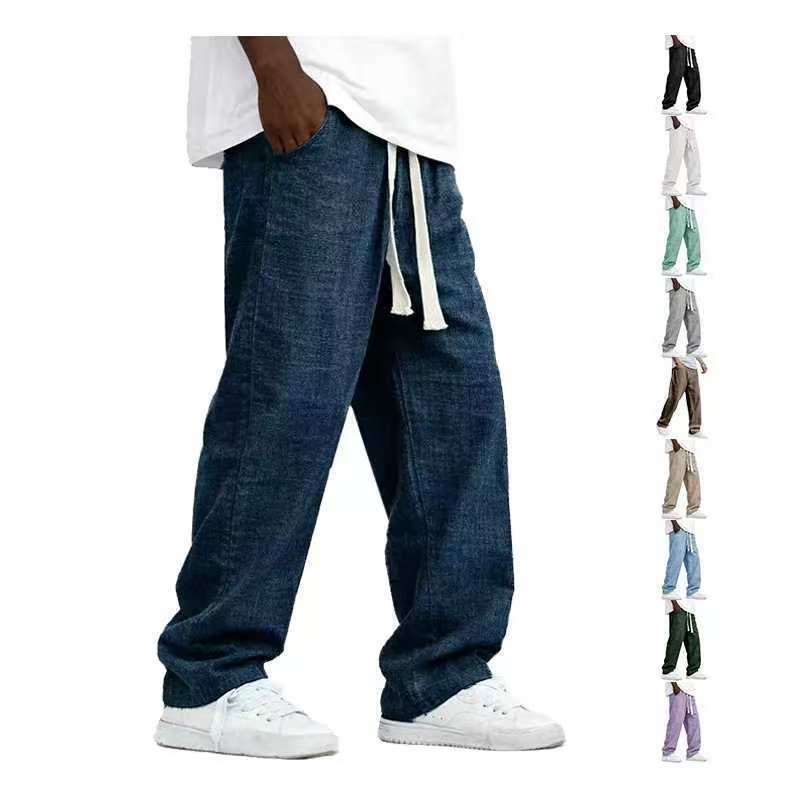 Amazon's best-selling men's linen drawstring straight-leg jeans, multi-color American retro loose-fitting drapey wide-leg trousers Amazon's best-selling men's linen drawstring straight-leg jeans, multi-color American retro loose-fitting drapey wide-leg trousers