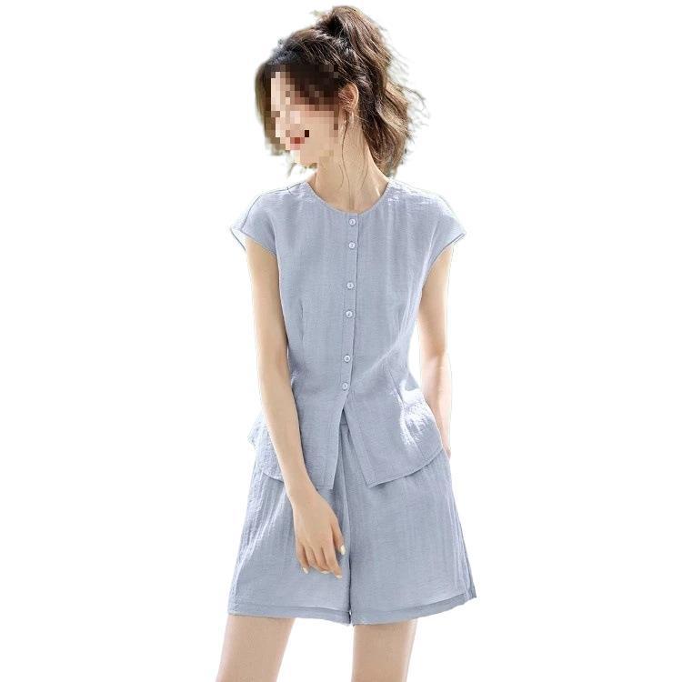 两件套2025新款亚麻休闲显瘦套装女蓝色其他|undefined