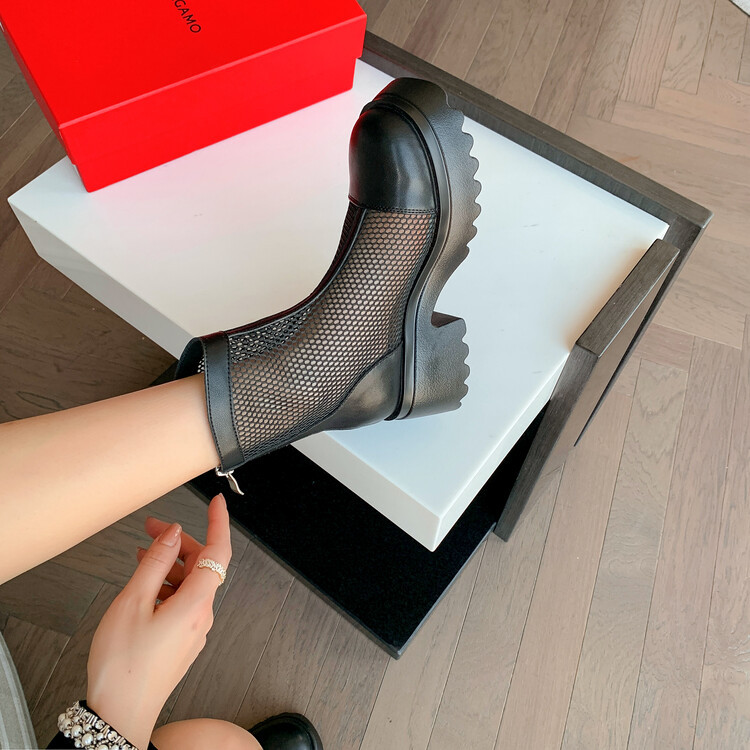 Boot nữ cổ cao đế dày gót bánh xốp da bò lưới thoáng khí xuân hè 2024 — Màu đen, Màu trắng be chi tiết 131