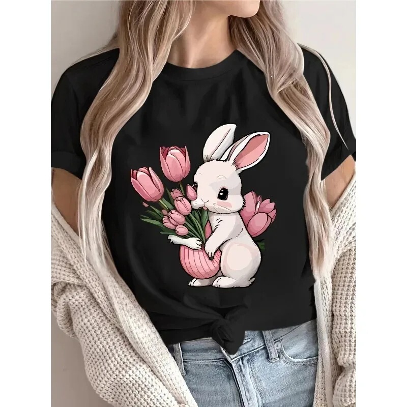 Ladies Easter Bunny and Tulip Print T-Shirt Casual Round Neck Top Spring Summer Fashion Women's Shirt Holiday