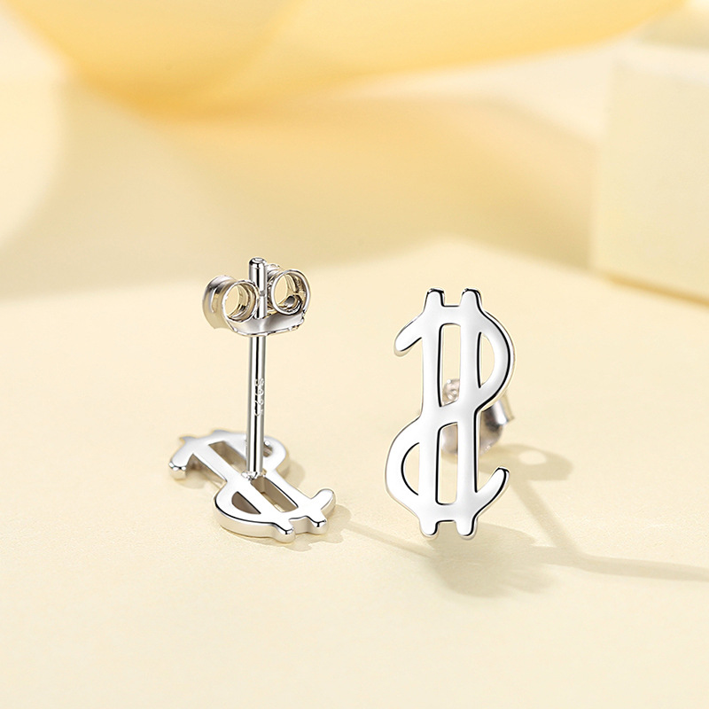 Plata esterlina s925 moneda símbolo Stud pendientes nicho diseño plata esterlina Stud pendientes nuevo personalizado Stud pendientes dormir-libre recogida