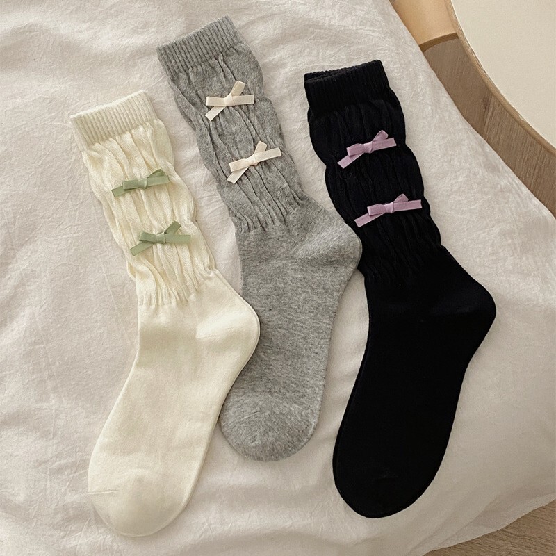 Women's Mid-Calf Socks with Bowknot, Black and White Japanese Style Long Socks, Miu Miu Mary Jane Shoes, Slouch Socks, Japanese Style Mid-Calf Socks