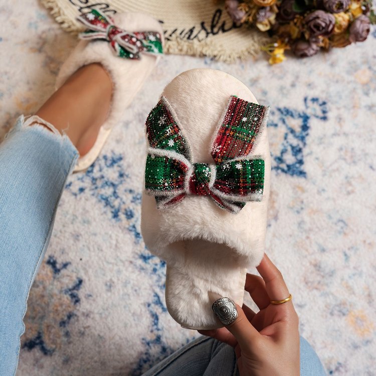 Foreign Trade Flats-Bottomed Toe Slippers for Women 2025 Autum New Home Bow Plush Large Size Cotton Slippers Christmas