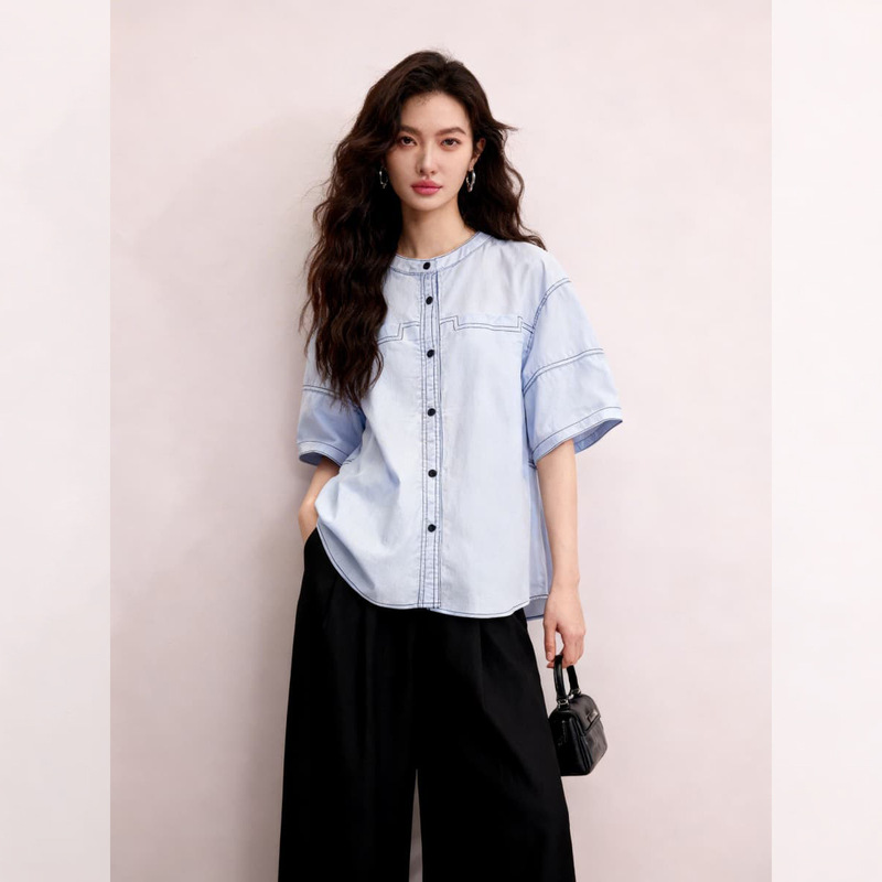 Summer New Style Three-Dimensional Visible Stitching Design Plus-Size Shirt for Women, Short-Sleeved, Retro, Unique, Versatile, Slimming, Loose, Trendy