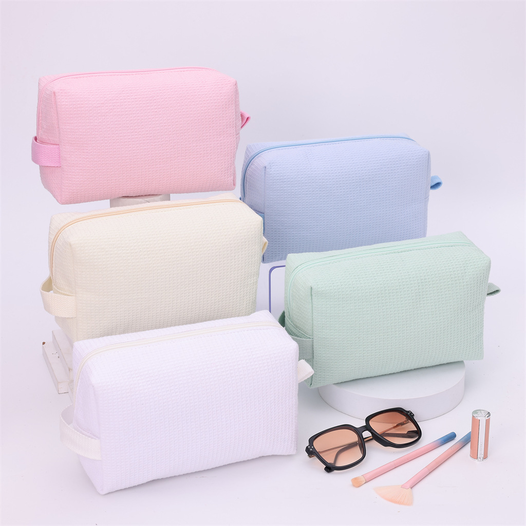 Cross-Border New Product Pure Cotton Waffle Cosmetic Bag Travel Portable Storage Bag High-Value Toiletry Bag Large Capacity Wholesale