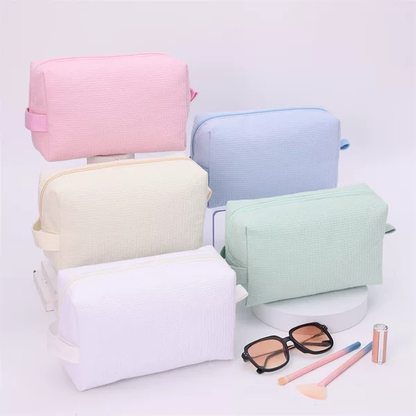 Cross-Border New Product Pure Cotton Waffle Cosmetic Bag Travel Portable Storage Bag High-Value Toiletry Bag Large Capacity Wholesale