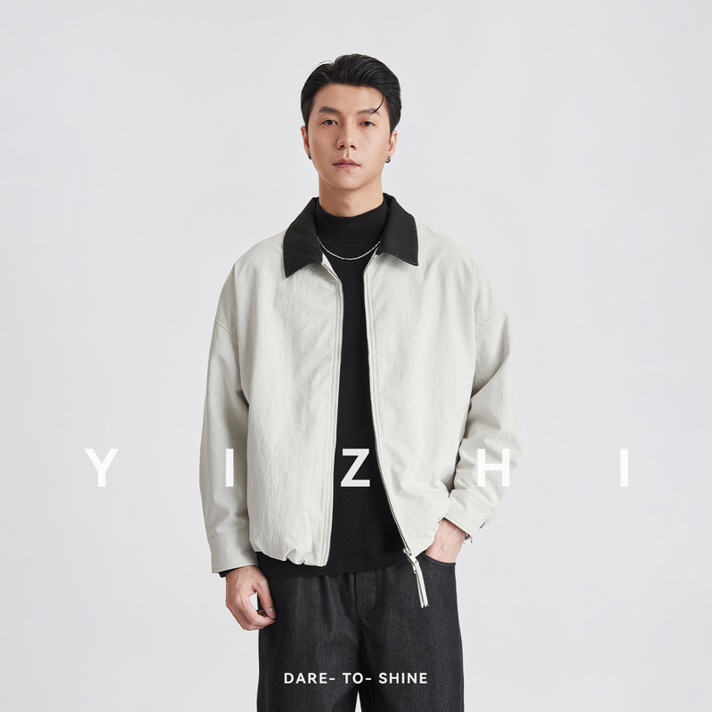 Also, the color-block denim collar patchwork jacket, a loose-fitting, drop-shoulder, casual, zip-up, short jacket for men, is perfect for autumn 2026 Also, the color-block denim collar patchwork jacket, a loose-fitting, drop-shoulder, casual, zip-up, short jacket for men, is perfect for autumn 2026