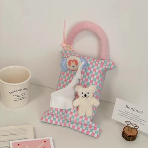 Car tissue box with cream decoration and little white bear design, car tissue holder for seat back, creative hanging tissue storage box