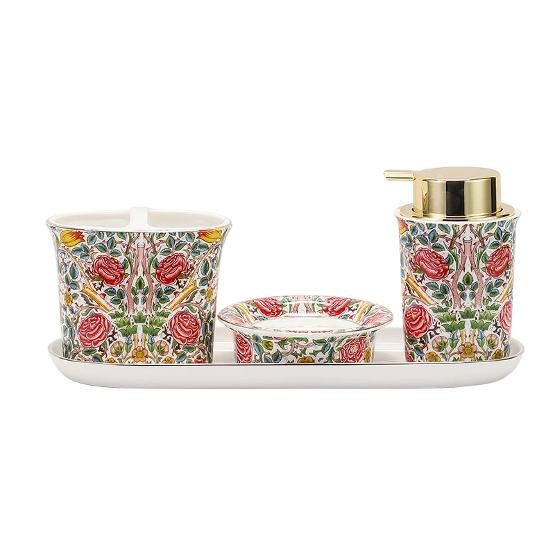 Ceramic set contains rose for home use, mouthwash for beloved, toothbrush, mousse