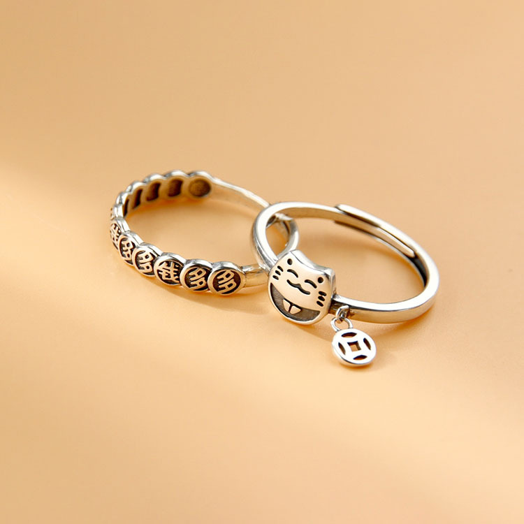 Bring in Wealth and Treasure Cat Ring Female Money Duoduo Ring Copper Coin Niche Design Index Finger Adjustable Tail Ring Best Friend Cute Little Red Book