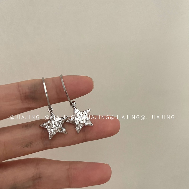 Minimalist Star Pendant Earrings with Unique Concave-Convex Metallic Texture, Elegant 925 Silver Needle High-End Light Luxury Style for Women