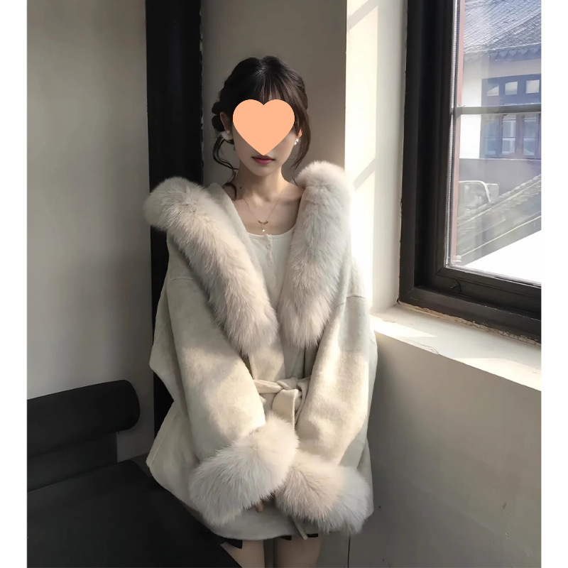 沪上千金 温柔风仿狐狸毛毛领连帽拼接大衣女冬气质宽松外套兔毛|undefined