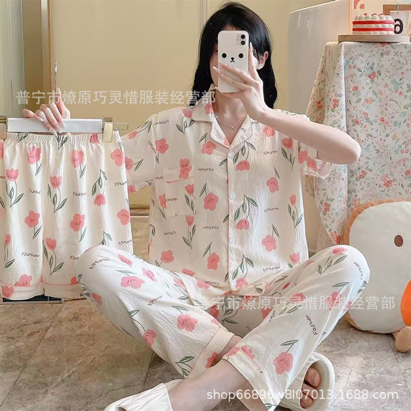 Red famosa nuevo pijama de mujer nubes de verano algodón pantalones cortos de manga corta pantalones largos de tres piezas de dibujos animados set de ropa para el hogar
