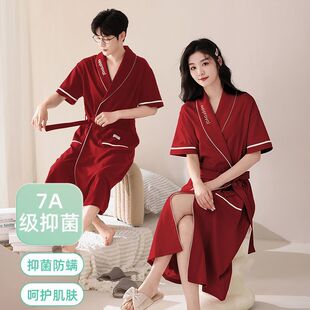 Wedding Couple's Nightgown Summer Pure Cotton Short-Sleeved Newlywed Men and Women Bride and Groom Red Dressing Gown Mid-Length Sleepwear