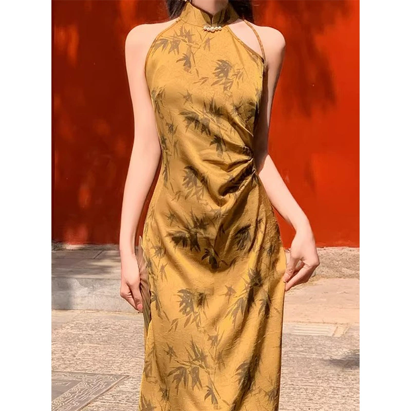Новый китайский стиль ретро модифицированный Cheongsam без рукавов платье с шеей для женщин весной и летом талия тонкая юбка может носить ежедневно