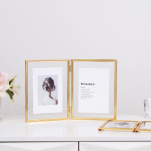 跨境北欧ins风简约细边678寸水晶双面折叠玻璃相架透明金属相框摆