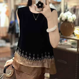 p320350dl6.28 夏新款真丝丝绒拼接欧根纱烫钻亮片设计感无袖背心