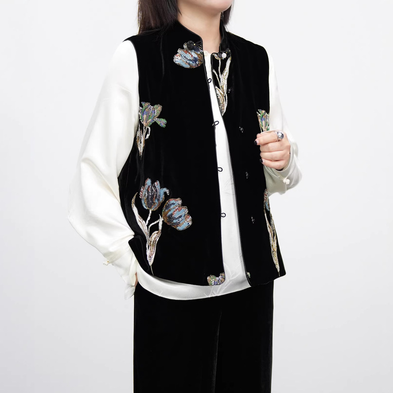 Golden Fragrance Filling the Hall: Heavy Beading and Embroidery Silk Velvet Vest for Women 2026 New Chinese Style Mulberry Silk National Style Top