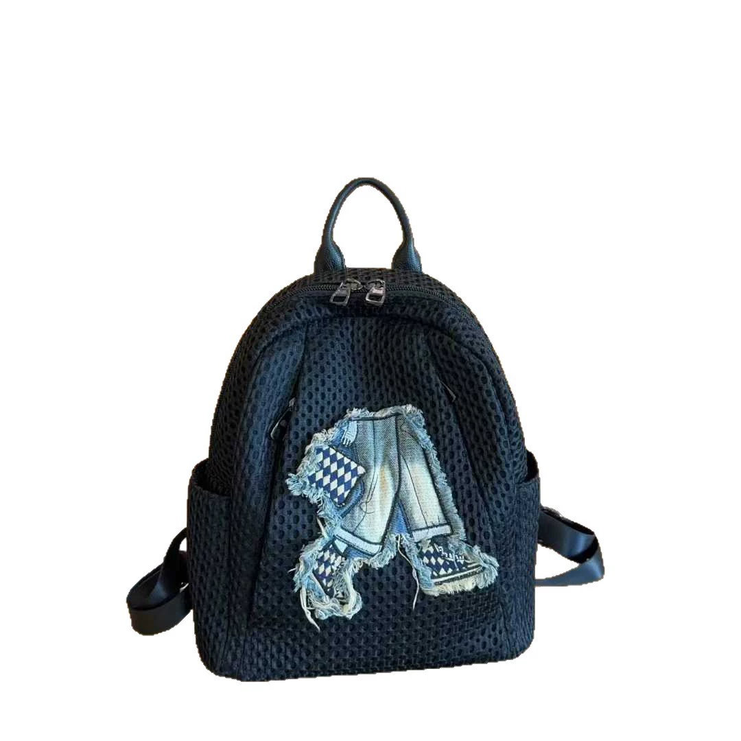 Denim capacious backpack, patch for leisure, one-shoulder bag, bag strap, new collection