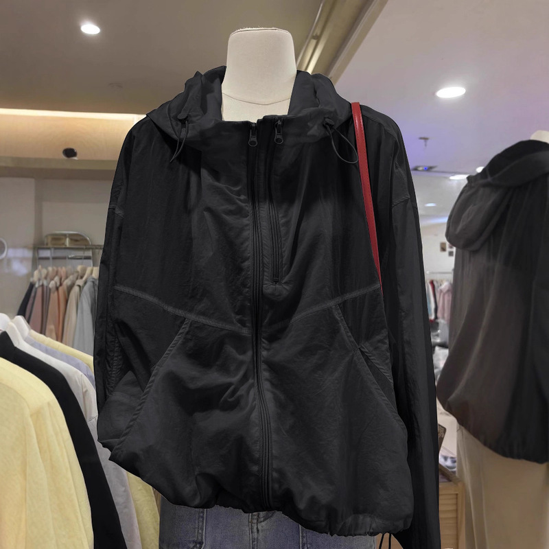 夏の新しいルーズカジュアルダブルジッパー単層薄型多用途フード付きジャケット軽量ジャケット女性の日焼け止めトップ|undefined