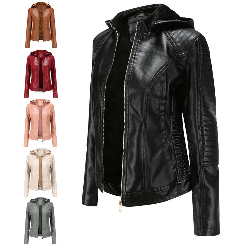 New Cross-Border European and American Large Size Plus Velvet Women's Leather Jacket Women's Hooded Autumn and Winter Short Jacket Warm Casual Women's Jacket