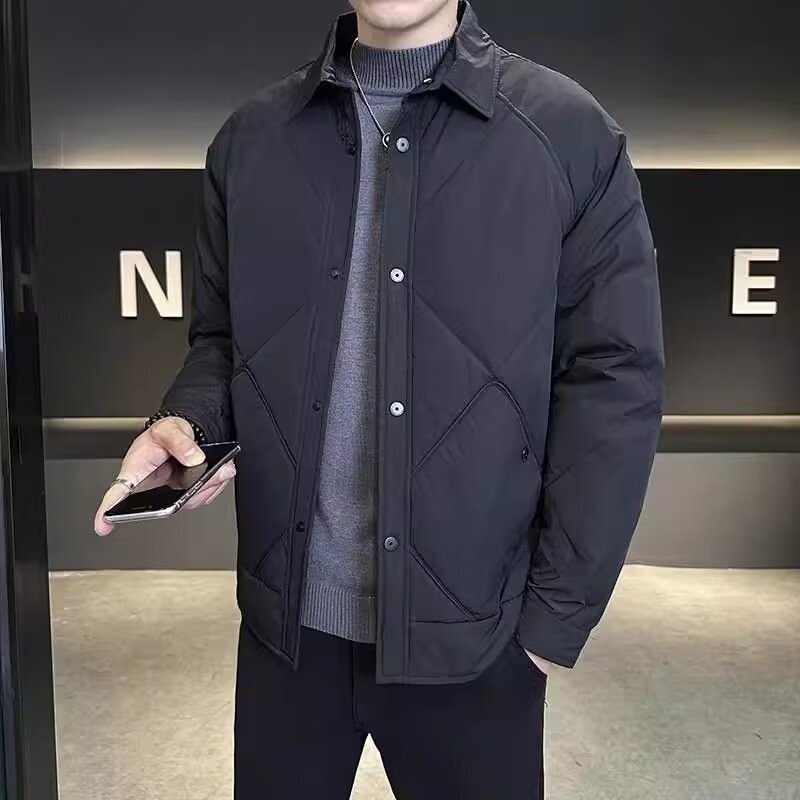 Men's New Winter Classy Diamond Pattern Casual and Handsome Warm Jacket Lapel Work Jacket Trendy Light Cotton Jacket
